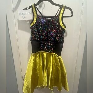 Revolution black/gold/rainbow sequined jazz /tap costume SA